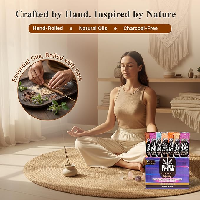 Tulasi Blunt Action Incense Sticks, 12 Packs, 144Pc, Long Lasting Fragrance, Natural Essential Oils Hand Rolled Incense Sticks for Aromatherapy, Relaxing, Yoga, Meditation, Prayer, Thanks Giving