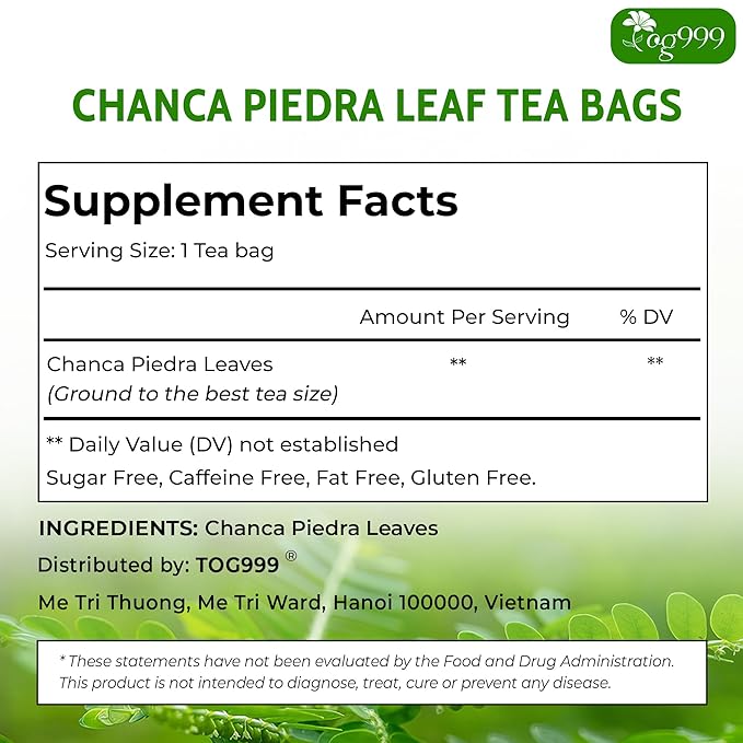 TOG999, Premium 120 Chanca Piedra Leaf Tea Bags, 100% Natural & Pure from Chanca Piedra Leaves. Loose Leaf Chanca Piedra Herbal Tea. Made with Natural Material Tea Bags. No Sugar, No Caffeine, No Gluten, Vegan.