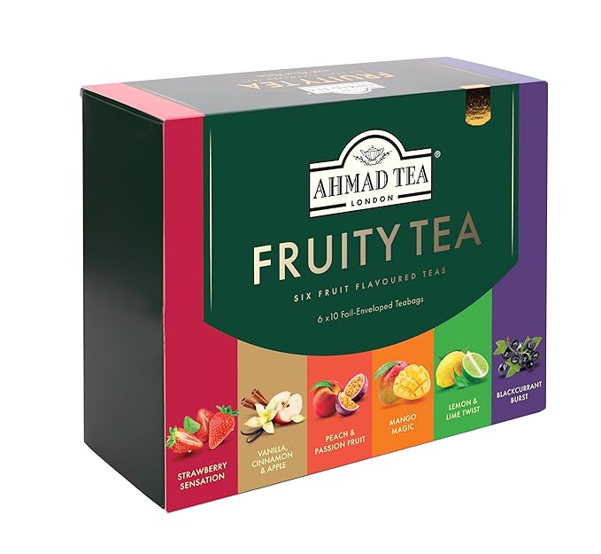 Ahmad Tea Black & Green Tea, Fruitytea Assorted Sampler Variety Gift Box, 60 Foil Teabags - Caffeinated & Sugar-Free