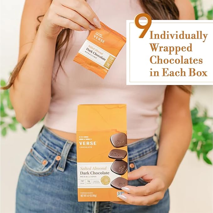 Verse 70% Dark Chocolate with Almonds - Only 3g Cane Sugar - Crunchy Salted Almond - Individually Wrapped Dark Cocoa Bar Chocolates (9 Count, 2 Pack)