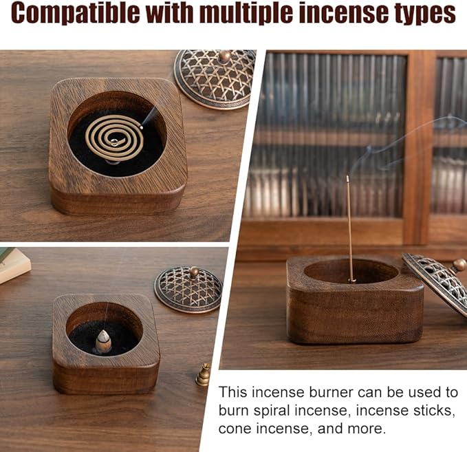 Square Incense Burner Holder - 4" Handcrafted Walnut Wood Censer with Metal Alloy Lid | Natural Incense Stick/Bowl Tray for Yoga & Meditation | Luxury Home Decor Gift for Zen Lovers