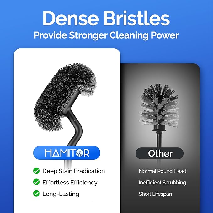 HAMITOR Toilet Brush and Holder Set: 304 Stainless Steel Heavy Duty Bowl Cleaner Brush - Deep Cleaning Under Rim Curved Bristle - Space Saving Wall-Mounted for Home RV Bathroom Accessories Silver