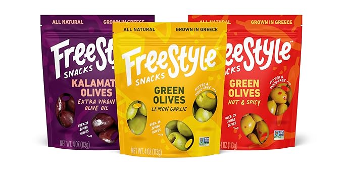 Freestyle Snacks Olive Snack Packs - Fresh Pitted Kalamata & Green Olives, Jumbo-Sized, Grown in Greece, Salty Snack, All Natural, Non-GMO, Paleo, Sugar-Free, Keto Snacks - Variety Pack, 4oz (3 Pack)