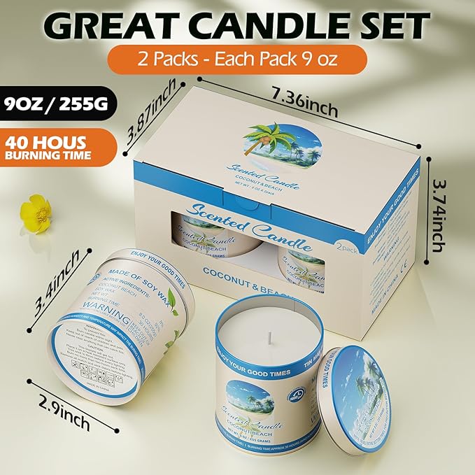 Coconut Beach Scented Soy Wax Candles | 2 Pack 510g 80H Burn Time 8% Essential Oils | Aromatherapy Jar Tin Candle for Stress Relief | Perfect Home Meditation, Yoga, Spa Stylish Gift for Men and Women