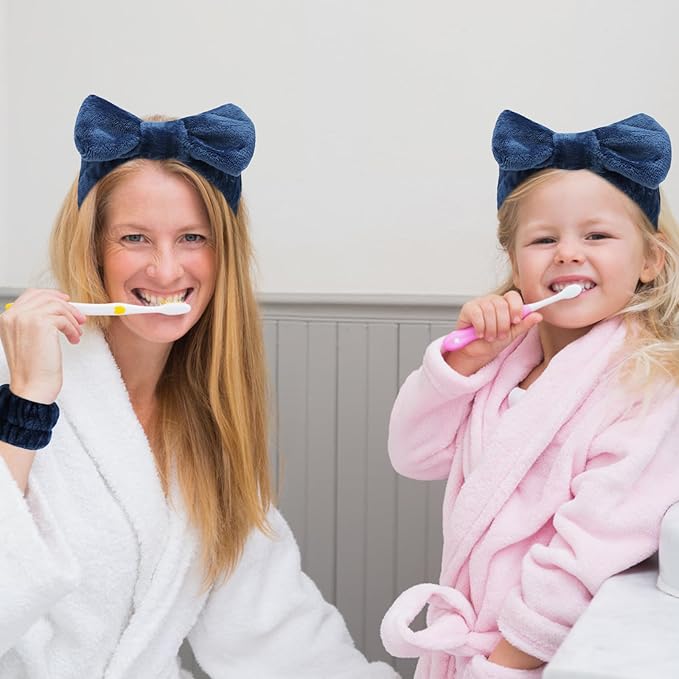 VELSCRUN Spa Headband, Makeup Face Wash Skincare Headbands, 6 Pcs Dark Blue Sponge Bow Tie Get Ready HairBand Facial Wristband Set, Stuff for Teen Girls Women Trendy Fashion Hair Accessories