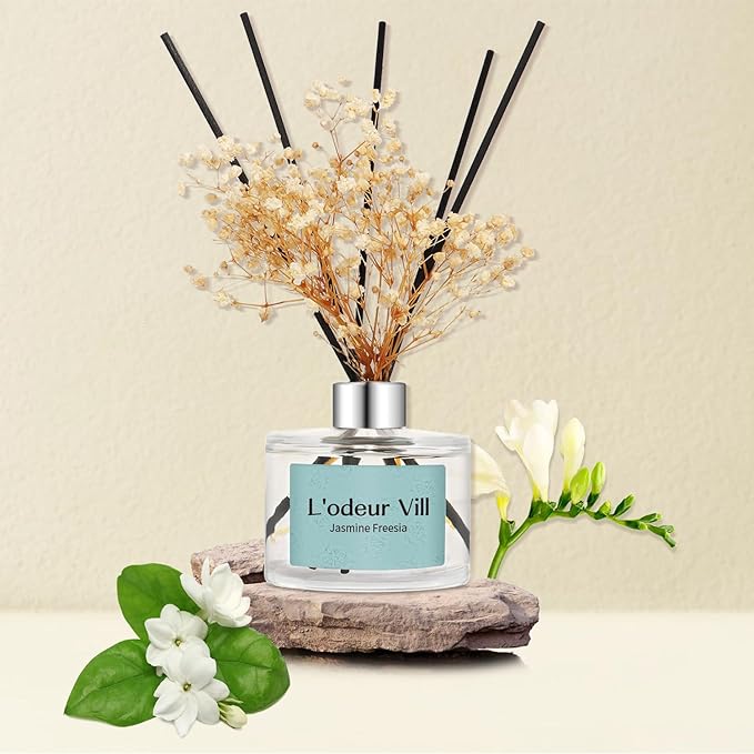 L'odeur Vill Reed Diffuser Set, 6.7 oz(200ml) Jasmine Freesia Scented Diffuser with 6 Oil Diffuser Sticks, Home Fragrance Essential Oil Reed Diffuser for Home Large Rooms Bathroom Shelf Decor