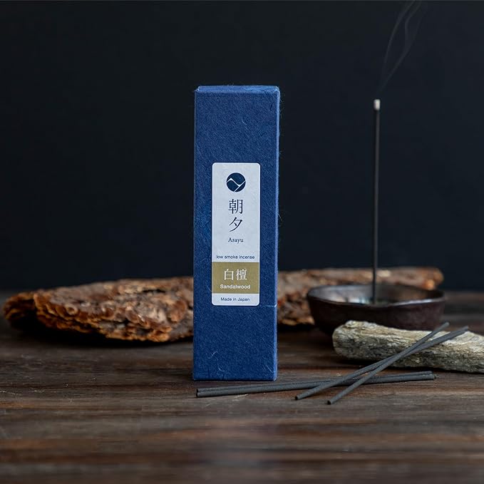 Asayu Japan Natural Low Smoke Sandalwood Incense Sticks (20gr) - Sample Size Japanese Incense for Evening Relaxation, Yoga, Meditation - Smokeless, Less Irritating, Non-Toxic
