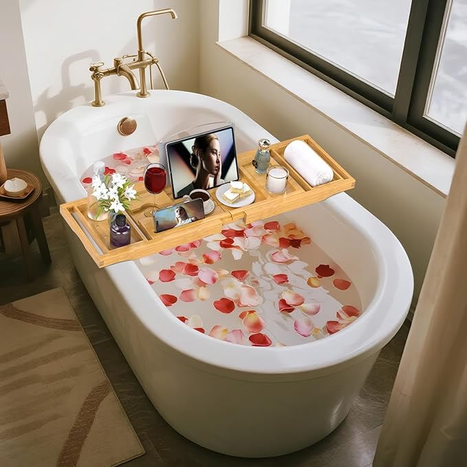 Bathtub Tray Caddy, Expandable Bath Trays for Tub, Bamboo Shelf & Table with Wine Glass Holder,Bathroom Accessories for New Home & Mothers Day & Birthday Gifts for Mom