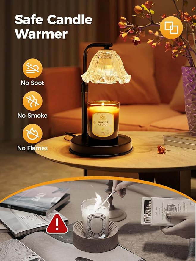 Flower Candle Warmer Lamp with Timer - Adjustable Height Wax Melt Warmer for Scented Jar Candles Light, Women Birthday Gifts for Mom, House Warming Gifts New Home Vintage Room Decor, Black