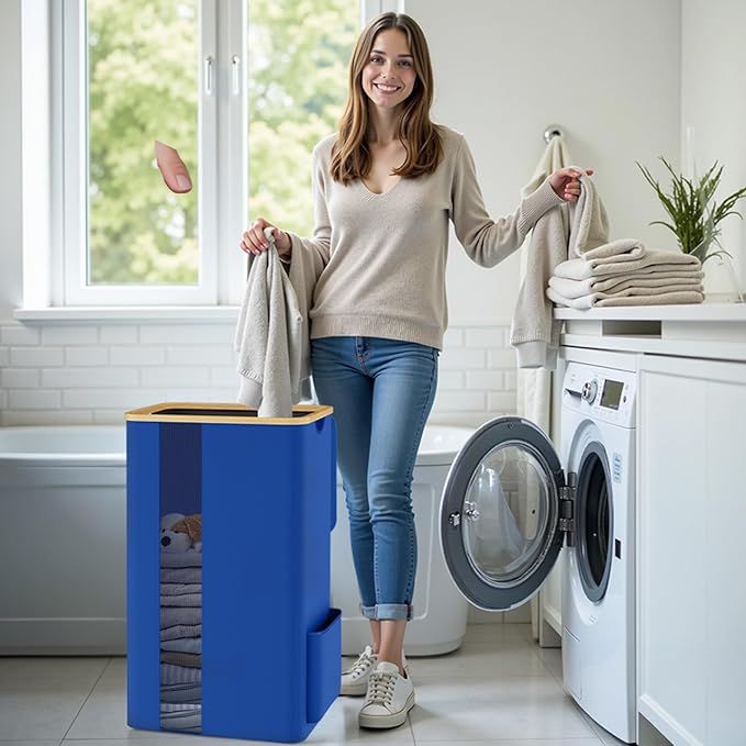 Laundry Basket Clothes Hamper with Lid and Pocket Large Collapsible Laundry Baskets with Handle, Blue Freestanding Hampers for Bedroom Aesthetic, Dorm, Bathroom, Laundry Room (100L)