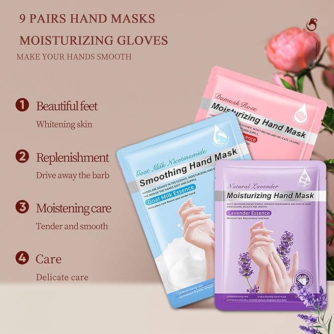 Moisturizing Hand Mask Gloves 9 Pairs, Hydrating Hand Masks for Dry Cracked Hands, Exfoliating Hand Peel Mask, Nourishing Hand Treatment Gloves for Women & Men