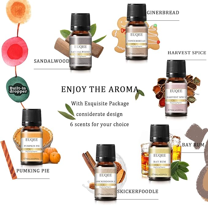 EUQEE 6PCS Spice Autumn Fragrance Oil Set, Scented Oils for Candle Making, Diffusers Aromatherapy Halloween Fragrance Oils for Diffuser & DIY Candles-Sandalwood, Harvest Spice, Bay Rum, Snickerdoodle