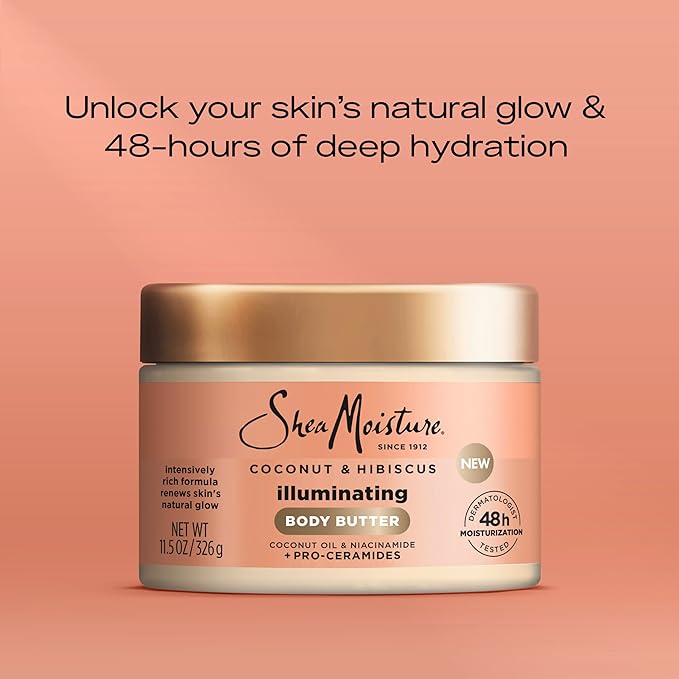 SheaMoisture Illuminating Body Butter with Coconut & Hibiscus, Niacinamide and Pro-Ceramides, Renewing Skin’s Natural Glow, 48H Moisturizing 11.5 oz