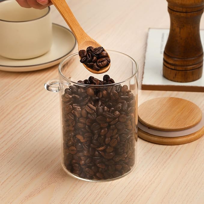 WHJY Glass Glass Jar with Lid and Spoon, Airtight Glass Jars bamboo lids, overnight oats jars, Dog Treat Jar for Pet, Glass Candy Cookies Coffee Canister Jar Bath Salt Container - 20 oz (1)