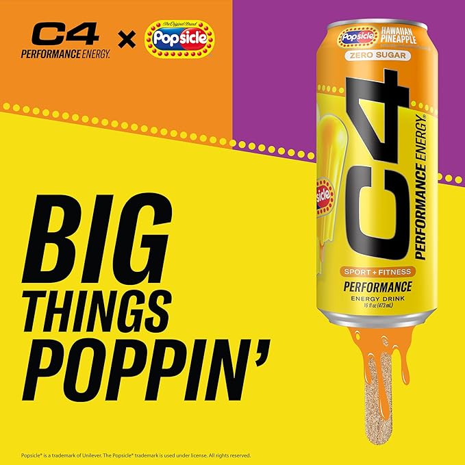 Cellucor C4 Energy Drink x Hawaiian Pineapple Popsicle, Carbonated Sugar Free Pre Workout Performance Drink with no Artificial Colors or Dyes, 16 Oz, Pack of 24