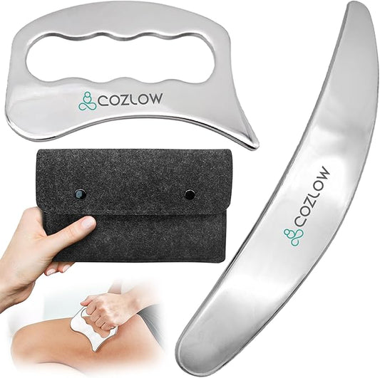 COZLOW 2-in-1 Muscle Scraper Tool Set - Skin Scraping Massage Tools for IASTM Therapy - Deep Tissue Gua Sha for Soft Tissue Mobilization, Fascia & Myofascial Release - Stainless Steel Metal Blades
