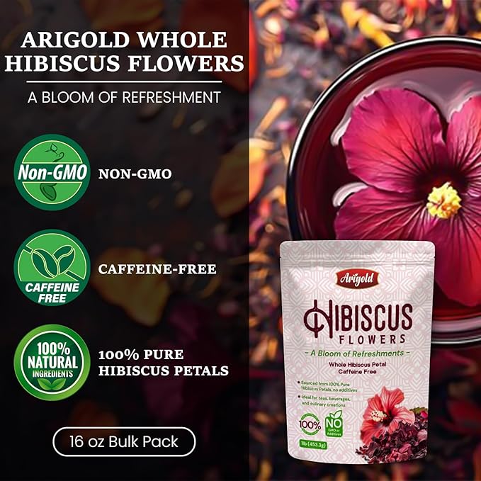 Arigold Pure Whole Petals Hibiscus Tea 1lb ā Dried Hibiscus Flowers, Flor de Jamaica, Hibiscus Sabdariffa, Bissap, Sorrel, hibiscus tea loose leaf Herbal Tea for Agua Fresca, Cocktails, Iced Tea & Hot Tea | Caffeine-Free & Rich in Antioxidants.