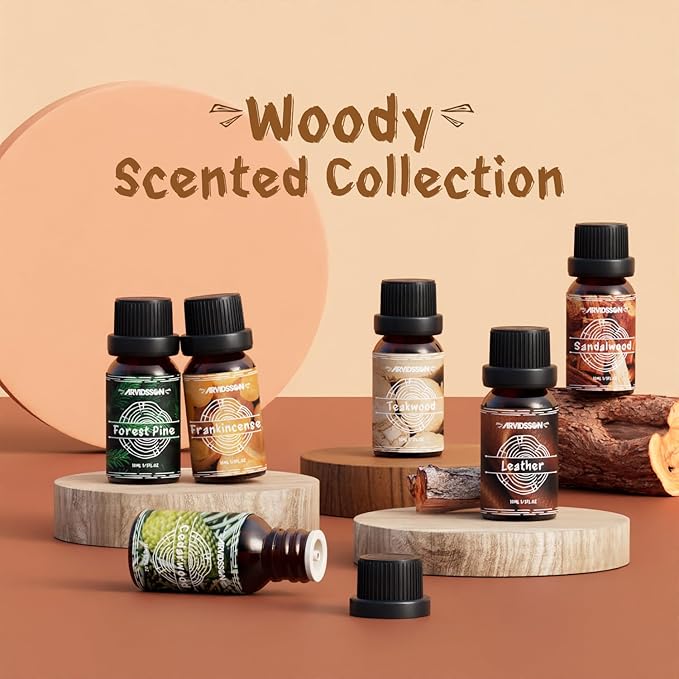 Woody Essential Oils Set, ARVIDSSON Woodsy Fragrance Oil for Candle Making, Sandalwood, Leather, Teakwood, Frankincense, Cedarwood, Pine, Diffuser Essential Oil for Men and Women