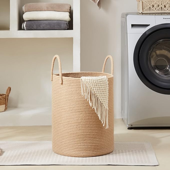 Fiona's magic Jute Rope Laundry Hamper Basket, 58L Tall Laundry Basket for Blanket Storage, Large Baby Nursery Hamper for Laundry, Woven Clothes Hamper for Bedroom, Living Room-Jute