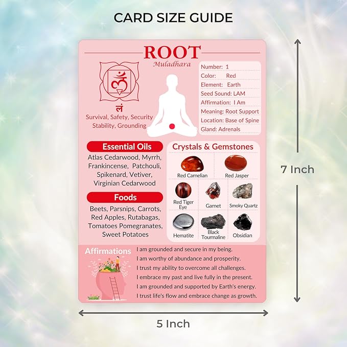 7 Chakras Cards, Double-Sided Quick Reference Guide for Chakra Healing Meditation Yoga Pose with Crystals, Essential Oils & Affirmations, Spiritual Day Gifts for Her & Him Beginner Friendly