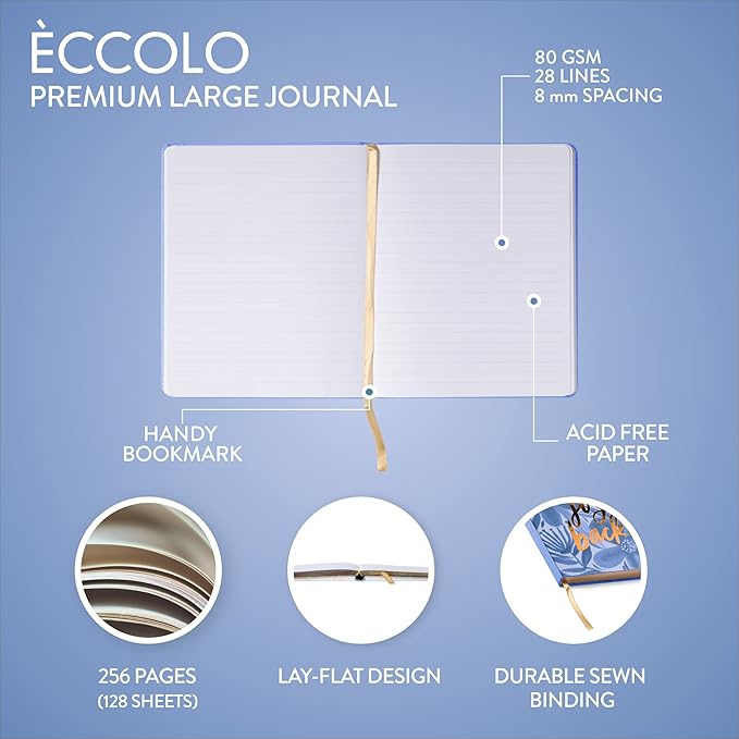 Eccolo Large Lined Journal Notebook, Hardbound Cover, Writing Journal, 256 Ruled White Pages, Ribbon Bookmark, Lay Flat, Desk Size for Work or School, Give Joy Back, Floral (Blue, 8x10 inches)