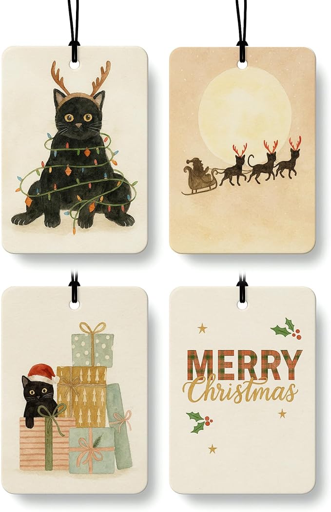 Black Cat Christmas Berry Car Air Freshener 4 Pcs, Cat Lover Gifts, Merry Christmas Hanging Air Freshener for Cars Closet Drawer Books, Cute Xmas Car Accessories Mirror Decor for Women