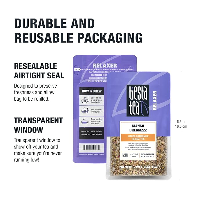 Tiesta Tea - Mango Dreamzzz Chamomile Loose Leaf Herbal Tea, Relaxing Chamomile & Lemongrass Blend, Caffeine-Free, Brew Hot or Iced, Makes Up to 25 Cups, Resealable Pouch, 1.5 Ounce