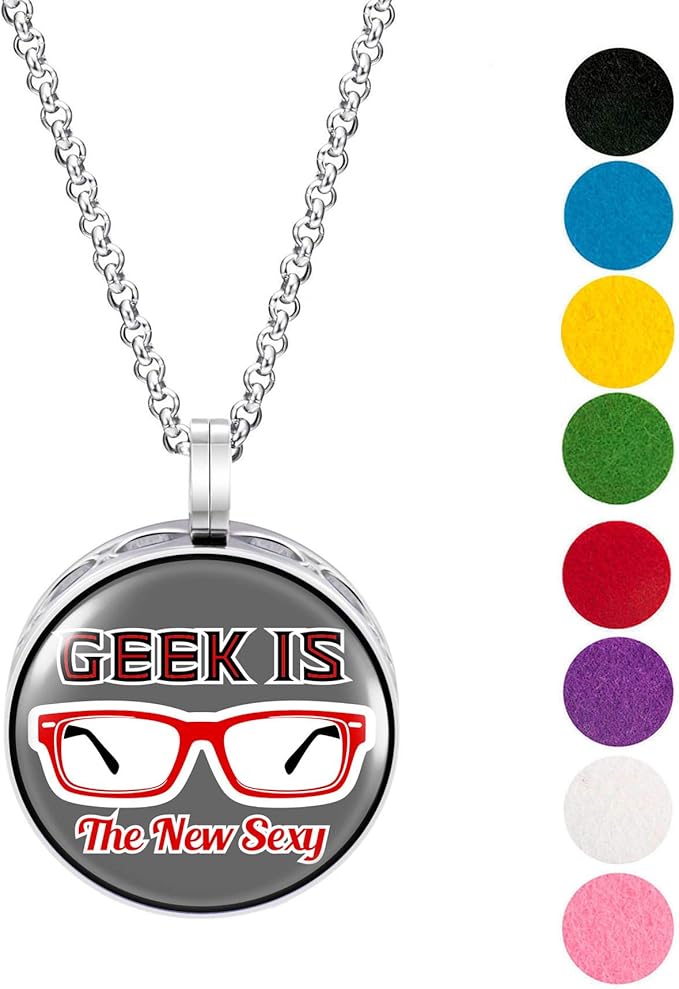 Wild Essentials Geek is The New Sexy! Enamel Finish Essential Oil Diffuser Necklace Gift Set - includes Aromatherapy Pendant, 24" Stainless Steel Chain, 8 Color Refill Pads