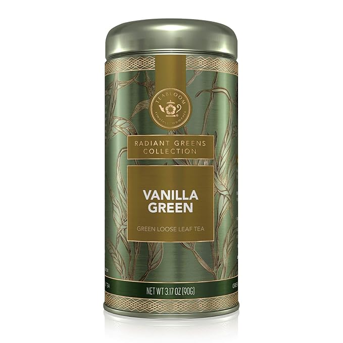 Teabloom Kosher Certified Vanilla Green Tea, Loose Leaf Tea Blend in Reusable Gift Canister, 3.17 oz/90 g Canister Makes 35-50 Cups
