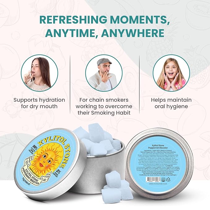 Xylitol Stone | Delicious Sugar Free Candy | 100% Finnish Xylitol Mints | Health Conscious Snacks | Refreshing Breath Mints | Unique Hard Candy Gift (Peppermint Booster Flavor)