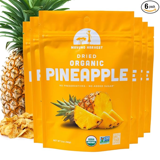Mavuno Harvest Pineapple Dried Fruit Snacks | Organic Dried Pineapple Chunks| Gluten Free Healthy Snacks for Kids and Adults | No Sugar Added, Vegan, Non GMO, Direct Trade | 2 Ounce, Pack of 6