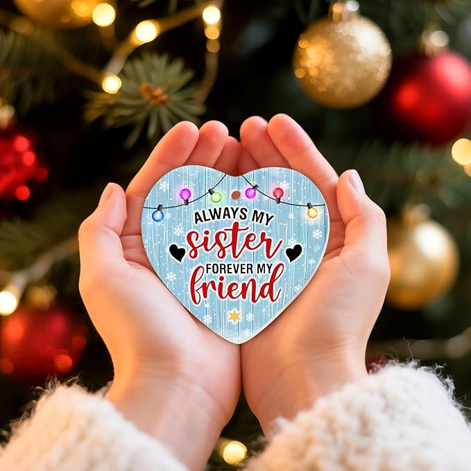 1pc 2 Side Printed My Sister Forever My Friend Ceramic Ornament 2025, Heart-Shaped Christmas Tree, Cute Keepsake Decoration