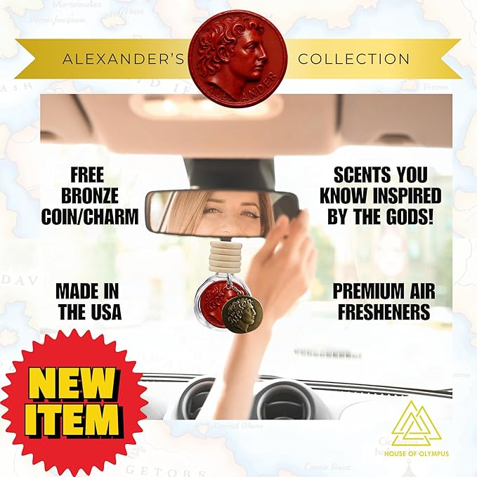 Mahogany Teakwood Car Air Freshener – Alexander Collection by House of Olympus | Luxury Hanging Diffuser | Long-Lasting Scent | Antique Bronze Coin Charm