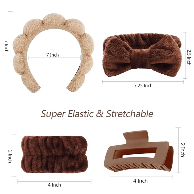 VELSCRUN Spa Headbands for Wash Face, Makeup Headband, Facial Skincare Headbands, 5 Pcs Dark Brown Puffy Sponge Spa Headband Bow Tie Hair Band Hair Clips Wristband Set Women Girls Accessories
