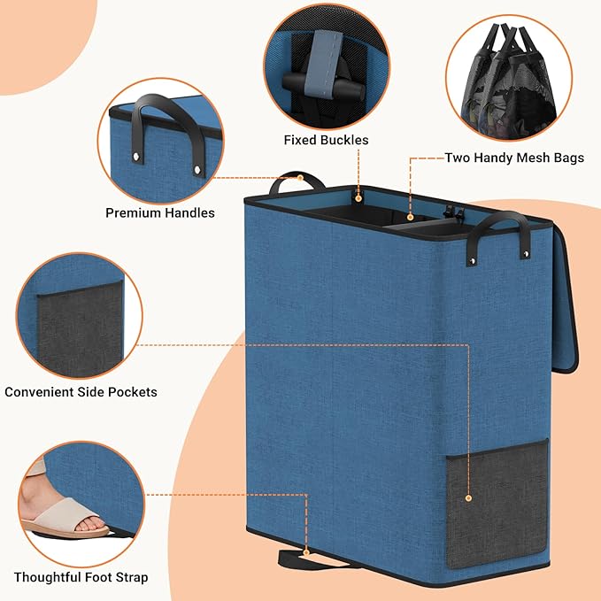 Large Double Laundry Hamper with Lid, Removable Bags & Reinforced Handles, 2 Section Tall Laundry Basket, Dirty Clothes Hampers for Laundry Room, Bedroom, Bathroom, Dorm, 136L, Blue