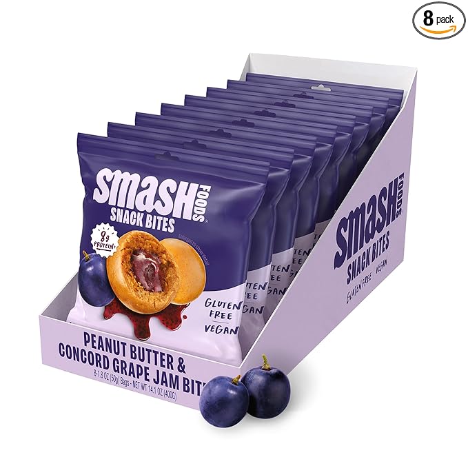 Smash Foods Grape Energy Bites | 5 Gluten-Free Vegan Snack Balls with No Sugar Added | 8g Protein, Superfood Jam, Chia Seeds | On-the-Go Convenience | Peanut Butter & Grape | 8 Packs
