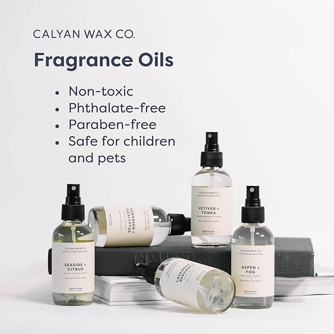 Calyan Wax Co. Non Toxic Room Spray, Evergreen + Eucalyptus Air Freshener, Non Aerosol Natural Room Mist, Aromatherapy Spray with Essential Oils, 4fl oz