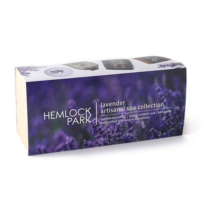 Hemlock Park Lavender Artisanal Spa Gift Box | Apothecary Candle, Shea Butter Soap, Bath Bomb, Mineral Salt Bath Soak | Handcrafted with Plant Based Ingredients