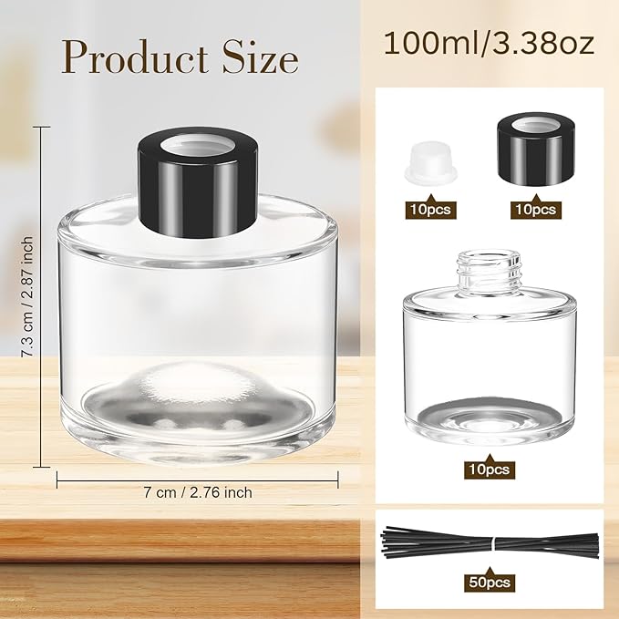 Chunful 10 Sets Reed Diffuser Bottle Empty Refillable Fragrance Glass Diffuser Bottles 100ml Round Glass Jars with Black Caps and Rattan Sticks for Living Room Home Replacement Fragrance DIY Decor