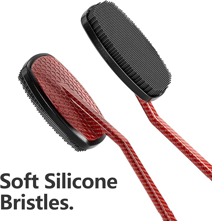 New Carbon Fiber- Red Silicone Back Scrubber for Shower, Back Shower Brush with Long Handle Back Scrubber for Men and Women