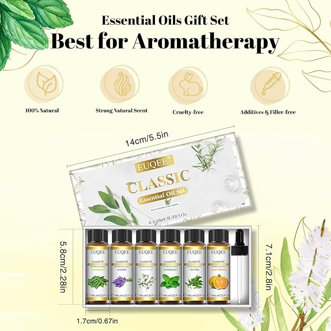 EUQEE Classic Essential Oil Set of 6 Pure Essential Oil Gift Set for Diffusers, Soap Candle Making - Lavender, Eucalyptus, Peppermint, Tea Tree, Sweet Orange, Lemongrass Aromatherapy Oils -10ml