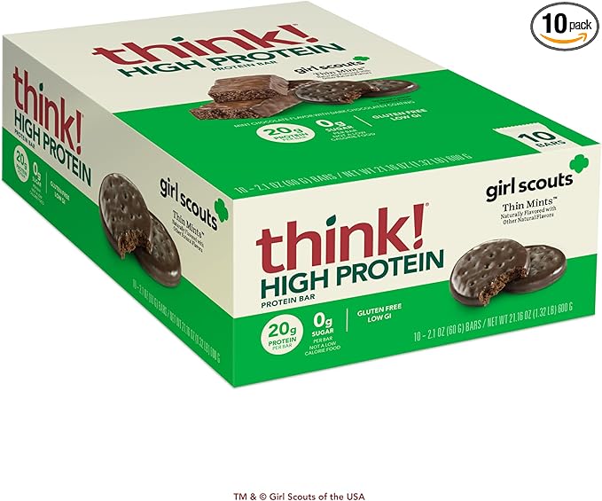 think! Protein Bars, High Protein Snacks, Gluten Free, Kosher Friendly, Girl Scouts Thin Mint, Nutrition Bars, 2.1 Oz per Bar, 10 Count (Packaging May Vary)
