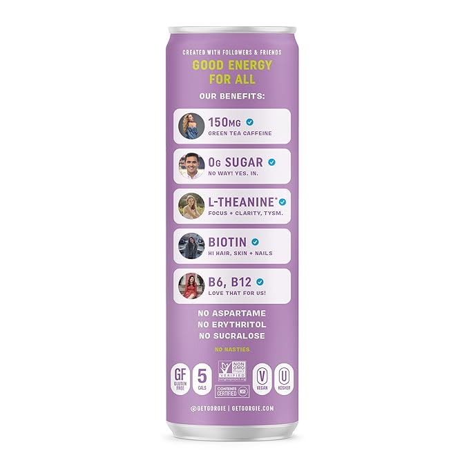 GORGIE Sugar Free Natural Energy Drinks, Wild Berry (12 Pack) - Healthy Energy Drinks - Natural Coffee Replacement with Green Tea Caffeine and Biotin - 150mg Caffeine, Vegan, & Low Calorie
