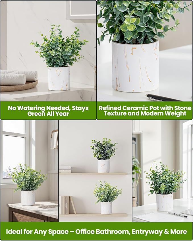 Artificial Eucalyptus Plants in White Ceramic Pots, 2 Pack Faux Greenery Decor with Different Leaf Styles, Small Potted Plants for Shelf, Bathroom, Bedroom, Office Desk, 9.05" Tall