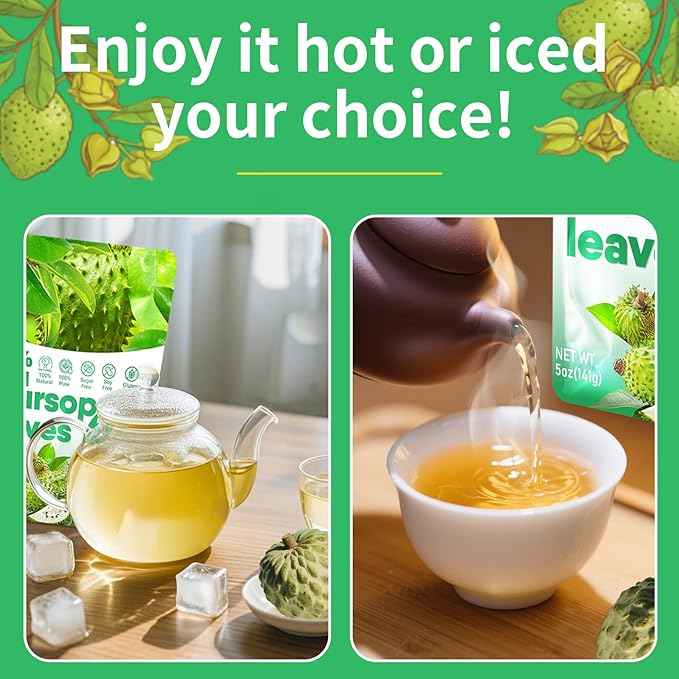 350+ Soursop Graviola Dried Leaves for Tea - 100% Natural Whole Dried Soursop Leaves, 5oz (141 g), No Additives or Preservatives, Herbal Tea, Caffeine Free, Sugar/Soy/Gluten Free