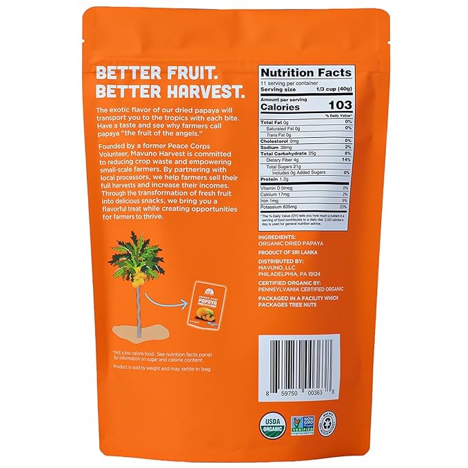 Mavuno Harvest Papaya Dried Fruit Snacks | Organic Dried Papaya Slices | Gluten Free Healthy Snacks for Kids and Adults | No Sugar Added, Vegan, Non GMO, Direct Trade | 1 Pound Resealable Bag