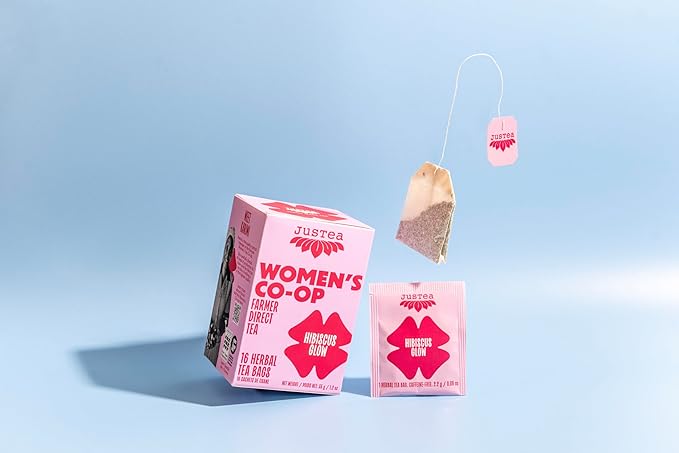 JusTea HIBISCUS GLOW | Herbal Tea Bags, Caffeine-Free, Organic Hibiscus Tea | Fair-Trade | Plastic-Free Tea Bags | Vegan, Sugar-Free, Gluten-Free | 16 Tea Bags