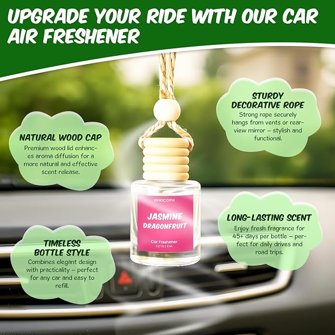 Car Air Freshener Diffuser 6 Pack Hanging Air Freshener, Vanilla Cream, Pink Sparkle Champagne, Mahogany Teakwood, Pistachio & Salty Caramel, Jasmine Dragonfruit and Volcano Scents for Women