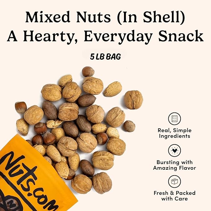 Nuts.com – Mixed Nuts in Shell – 5 Lb Bag, Healthy Snack Sampler, Includes Premium Walnuts, Almonds, Hazelnuts, Pecans & Brazil Nuts – Good Source of Protein, Fiber & Omega-3