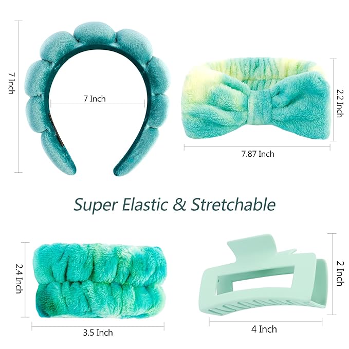 VELSCRUN Spa Headband, Makeup Face Wash Skincare Headbands, 5 Pcs Green Colorful Sponge Bow Tie Get Ready HairBand Facial Wristband Hair Clips Set, Stuff for Teen Girls Women Trendy Hair Accessories